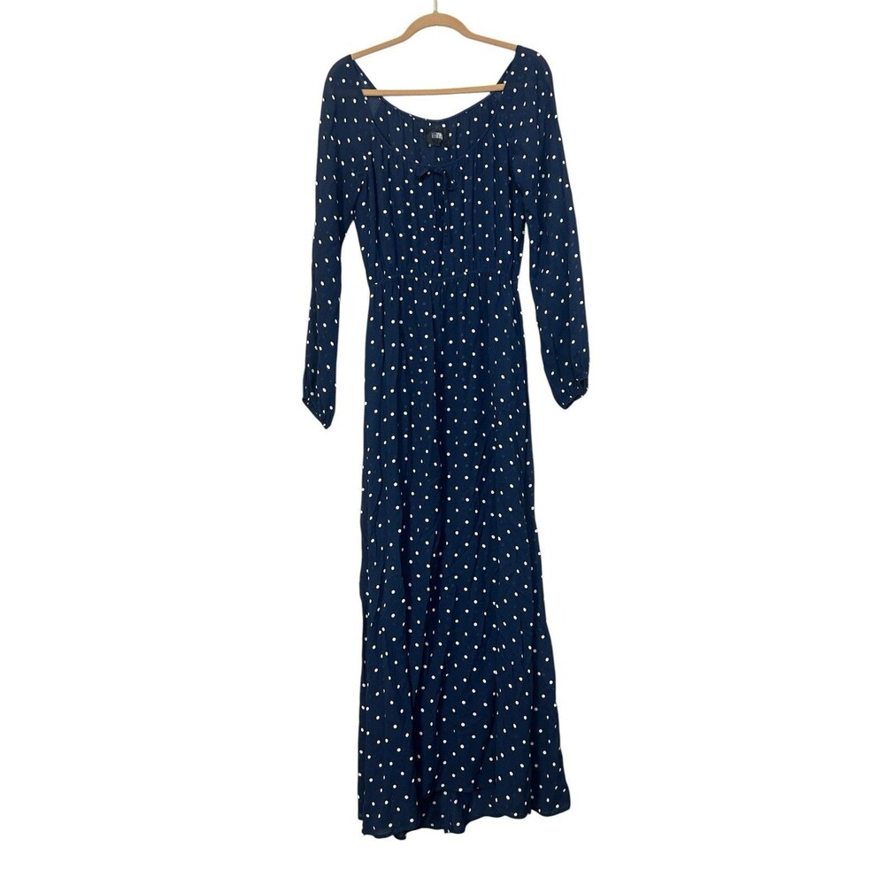 Reformation Navy Polka Dot Maxi Dress Women’s L Long Sleeve Romantic Viscose